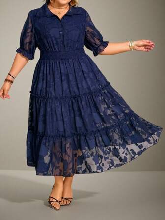 Flouryn Plus Size Women Blue Cinched Elastic Waist Chiffon Short Sleeve Casual Midi Dress