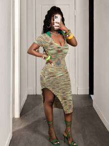 BamGleam Rochie maxi pulover pentru femei, cu guler înalt, Ombre multicolor, rochie tricotată casual geometrică, de lungime medie, mulată - Verde - Vizualizare 6