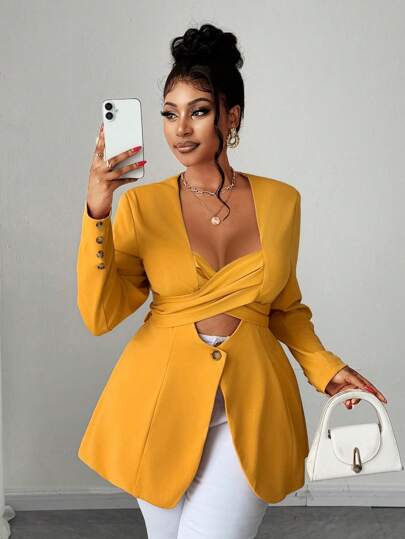 Maweii 加大码西装外套，纯色，纽扣细节和侧开衩设计，长袖