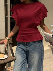 Siren Gaze 女士纯色圆领泡泡袖松紧腰荷叶边衬衫