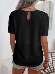 SHEIN LUNE 女士休闲纯色圆领短款泡泡袖褶皱衬衫，夏季