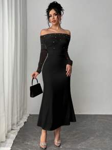 Firerie Damen Frühlings Elegant Romantisch Fashion Pendler Sexy Anmutiger Stil, geeignet für Party, Urlaub, romantisches Date und Geburtstags Hochzeitskleid Valentinstag, Netz Mesh Künstliche Perlen Dekor Off-Shoulder figurbetontes weißes Kleid