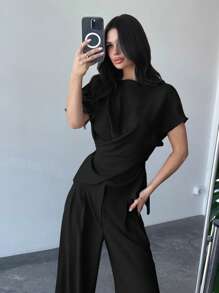 Firerie 1Set Women Office Wrap Chest Tie Waist Top And Wide Leg Pants - Black - View 6