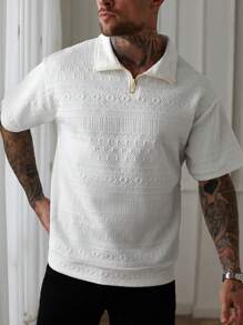 Manfinity Homme Tricou polo bărbătesc cu textură geometrică, casual, cu mânecă scurtă - alb - Vizualizare 4