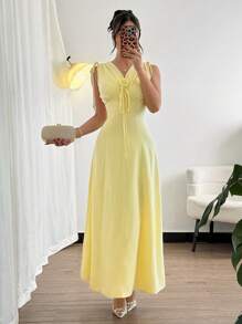 Modelyn 女式法式简约 V 领抽绳腰褶饰花裙，迷人优雅的夏季 - 黃色 - 查看 3