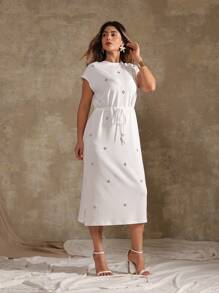 Roveilla 大码女式纯色编织雪纺圆领落肩抽绳腰部开衩下摆中长款优雅浪漫连衣裙 - 白色 - 查看 7