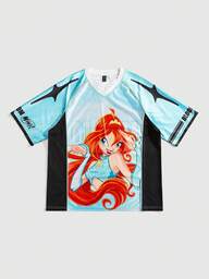 Winx Club X ROMWE T-shirt à col V à manches courtes pour hommes, imprimé dessin animé colorblocks, décontracté