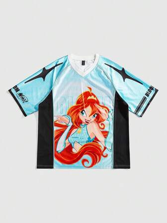 Winx Club X ROMWE Herren Lässig Farbblockdesign Cartoon Muster V-Ausschnitt Kurzarm T-Shirt