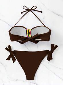 Swim Vcay Bộ đồ bơi bikini 2 mảnh gợi cảm buộc dây hở lưng bãi biển mùa hè cho nữ, nâng ngực và xếp ly, họa tiết ngẫu nhiên - màu nâu - Xem 2