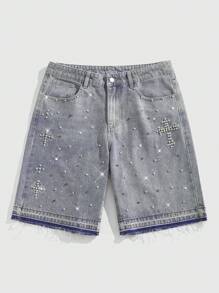 ROMWE MEN Street Life Quần short denim tua rua trang trí pha lê nhiều màu sắc cho nam mùa hè - Rửa nhẹ - Xem 3