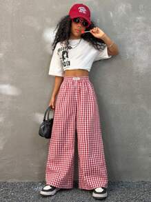 Coolane Kids Tween Girls 春夏街头服饰图案粉色宽松直筒裤 - 紅色 - 查看 5