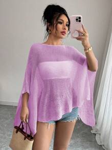 Chiquease Loose Batwing Design Lightweight Knit Cardigan For Women, Stylish Shawl Collar, Sun Protection, Spring/Summer - Purple - View 3