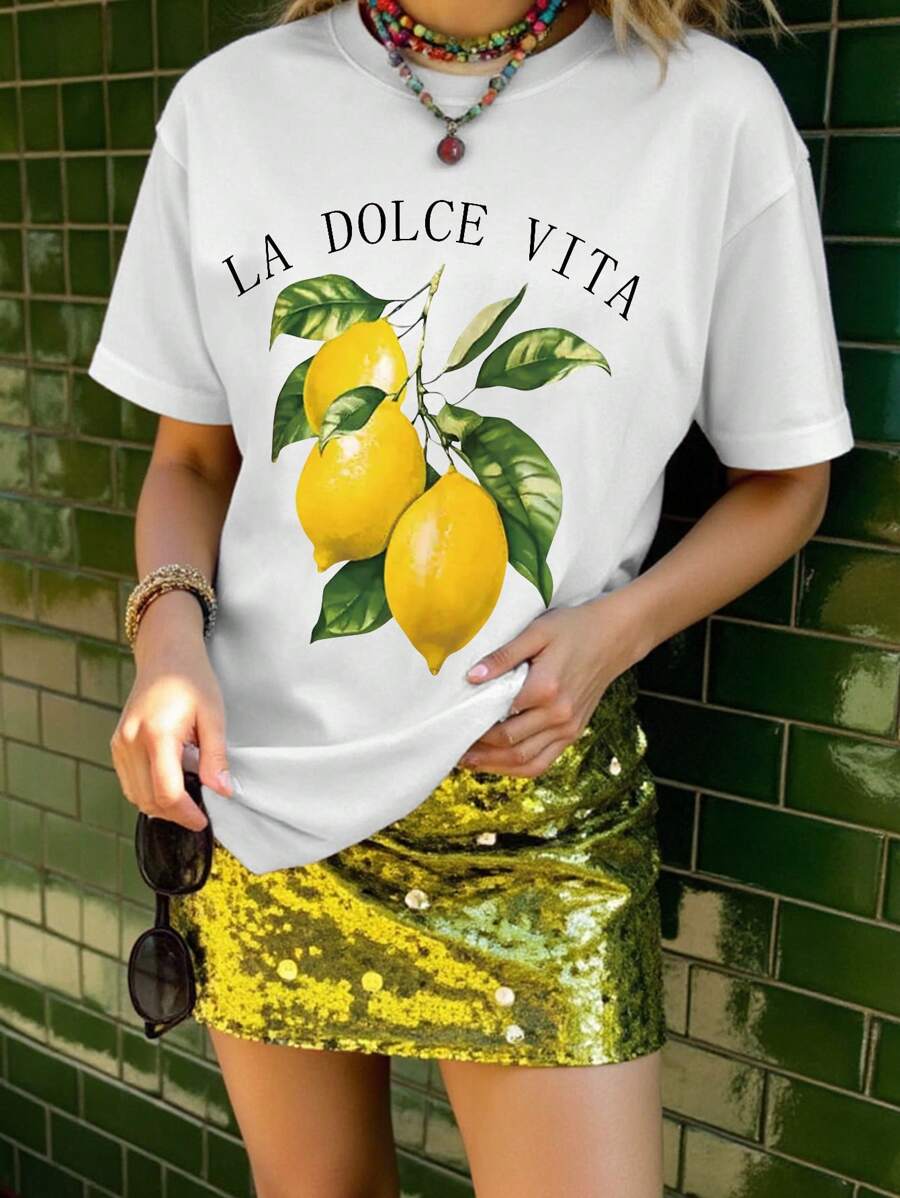 INAWLY Retro Zitronen Muster Hemd, bequemes, buntes Sommer Obst T-Shirt