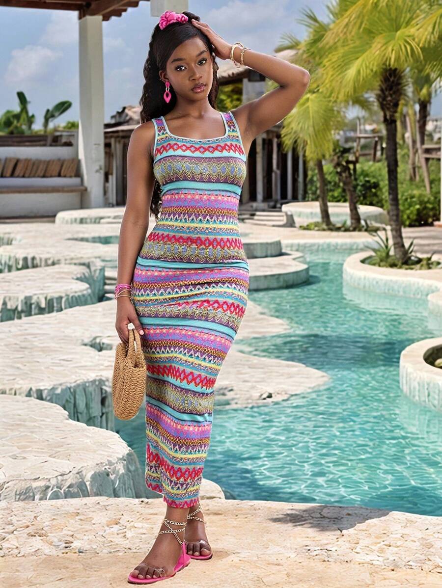 SHEIN Leap Crew 少女夏季休闲无袖长款几何图案侧开衩连衣裙，适合夏季、毕业典礼、返校、度假、节日、午餐、音乐节 - 紫色 - 查看 1