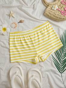 SHEIN Unity 黄白条纹低腰超短裤，超弹，柔软舒适，适合度假、沙滩、优雅可爱、休闲、居家、运动、日常出游、百搭，适合夏季女性 - 黃色 - 查看 1