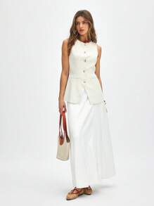 ATUI Studio Women's Summer Vacation Casual Simple Retro Milk-Colored Drawstring Linen Waistcoat, Business Casual Wear - Light Grey - View 2