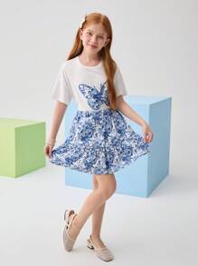 SHEIN Bộ 2 món áo thêu hình bướm và chân váy in hoa cho bé gái tuổi mới lớn - Nhiều màu - Xem 2