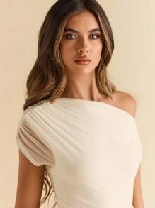 SHEIN BAE 女士纯色不对称领口褶饰修身紧身衣 - 杏色 - 查看 8