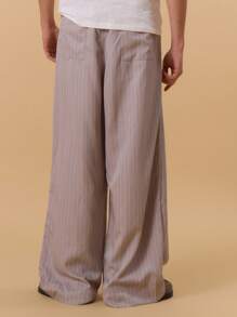 Musero Contrast Drawstring Straight Leg Pinstripe Trousers Spring Summer Vacation Holiday Smart - Khaki - View 4