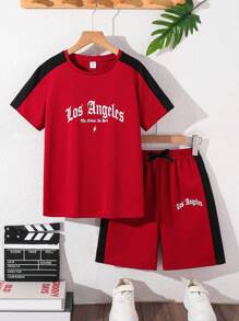 SHEIN Little Byeori 2件組青少年男孩休閒學院風紅白色字母印花圓領短袖短褲套裝，夏季街頭風城市度假風，適合學校運動 - 酒紅色 - 查看 5