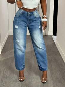 SHEIN Tall Casual Washed Distressed Tapered Jeans - Blue - View 5