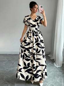 Elenzga V 领花卉束腰修身花卉印花长裙，适合春夏季女士穿着，优雅的春夏/秋冬季节，音乐会女装，优雅的晚礼服，适合日常、通勤、婚礼季/音乐节 - 杏色 - 查看 6