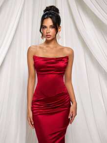Glamrae 优雅红色亮面缎面弹力露肩甜心领口修腰美人鱼露背可调节系带礼服，适合晚宴、度假、婚礼、礼服、晚会、婚礼宾客 - 紅色 - 查看 7