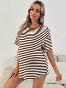 SHEIN Pregnant Women's Summer Striped Crew Neck Short Sleeve Casual T-Shirt