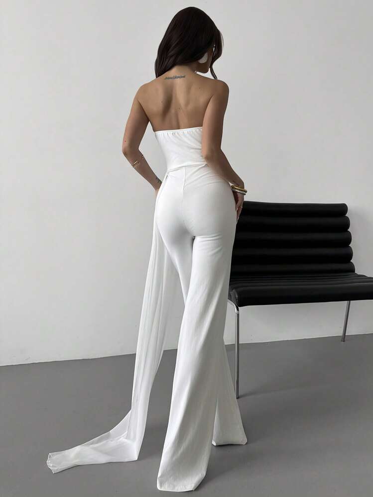 Firerie Women's Elegant Sophisticated Romantic Strapless High-Waisted White Long Jumpsuit With Train, Suitable For Wedding, Party Guests - White - View 7