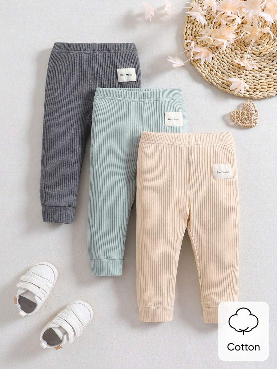 SHEIN Playful Pals 3pcs/Set Baby Boy Ribbed Pants, Versatile Bottoms For Spring & Autumn Chic For Autumn/Winter - Multicolor - View 1
