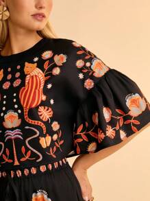 CAJUNI 女式荷叶边度假印花衬衫 - 黑色 - 查看 4