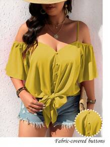 SHEIN LUNE Áo cánh hở vai cổ chữ V thời trang giản dị cổ điển cỡ lớn - Màu vàng - Xem 3