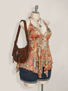 SHEIN ICON 大码女式春夏外出度假休闲复古印花露背吊带衫 Y2K V 领西部女式波西米亚风海滩女式嬉皮娃娃上衣