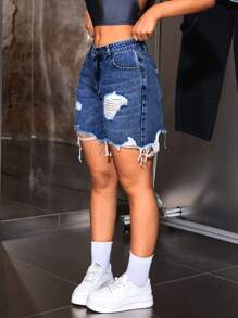 SHEIN Tall Women's Street Style Distressed Raw Hem Denim Shorts - Dark Wash - View 4