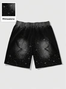 ROMWE MEN Grunge Punk 男士街头风格星星贴花设计破洞短裤，左大腿处有黑色星星贴片，复古外观，黑色抽绳腰带开合，星星印花装饰细节，宽松舒适休闲版型 - 黑色 - 查看 1