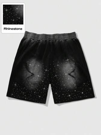 Street Life Pantalones cortos desgastados con diseño de aplicación de estrella en estilo callejero para hombre, con parche de estrella negra en el muslo izquierdo para un aspecto vintage, cierre de cintura con cordón negro con detalles de estampado de estrella, ajuste casual suelto y cómodo