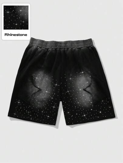 Street Life Men's Street-Style Star Applique Design Distressed Shorts, With Black Diamond Patch On Left Thigh For Vintage Look,