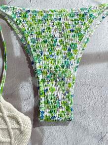 Swim Mod Women's All-Over Print Halter Twist Front Split Bikini Set For Summer Beach Vacation - Multicolor - View 3