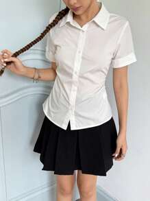 SHEIN Teen Girls' Casual Minimal Comfortable Turndown Collar Cinched Waist Short Sleeve Shirt - White - View 7