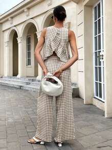 Siren Gaze 2025 年波西米亚风女装夏季套装：格子荷叶边下摆无袖露背上衣和阔腿裤套装 - 度假、节日、海滩度假休闲两件套，采用透气亚麻面料 - 灰色 - 查看 2