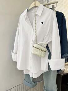 SHEIN Plus Size Women's Star Print Drop Shoulder Long Sleeve Casual Shirt Fall Cloth For Women