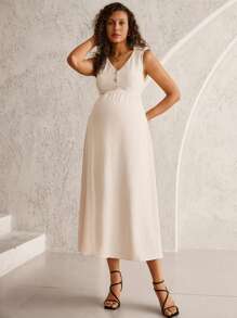 MaterniWear Khaki V-Neck Open Front Sleeveless Casual Work/Office Maternity Dress  Old Money Style Women  Business Casual Woman