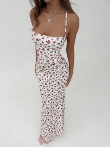 Aloruh Romantic Date Ditsy Floral Spaghetti Strap Backless Dress With Mermaid Hem, Pink & White, Spring/Summer