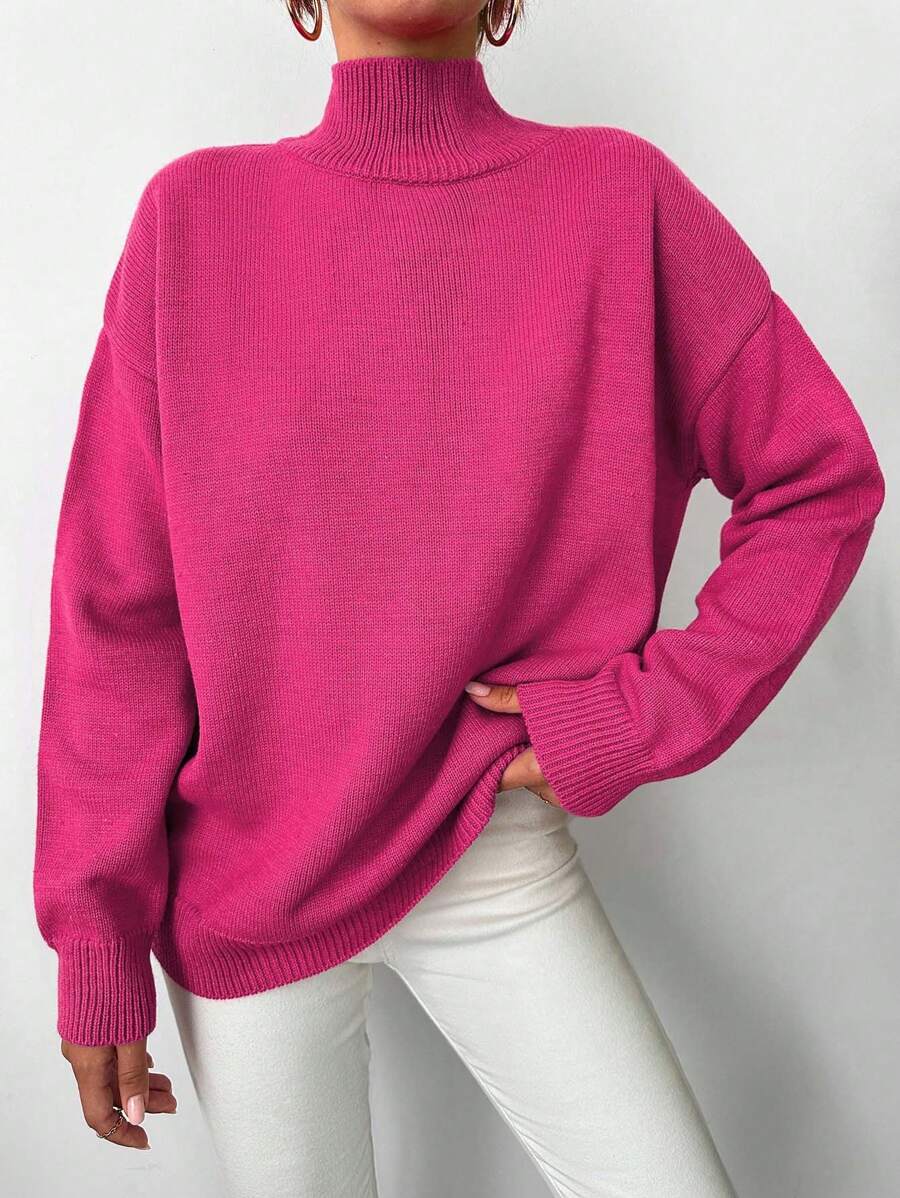 EURMUSE High Neck Drop Shoulder Sweater - Hot Pink - View 1