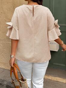 SHEIN Holidaya 大码女式格子圆领蝴蝶袖时尚衬衫，夏季 - 卡其色 - 查看 2