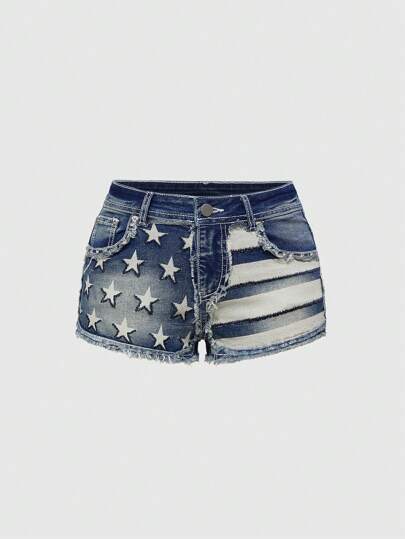 J-Fashion Pantaloncini di jeans da donna con stampa di stelle e strisce in stile retrò e Y2K