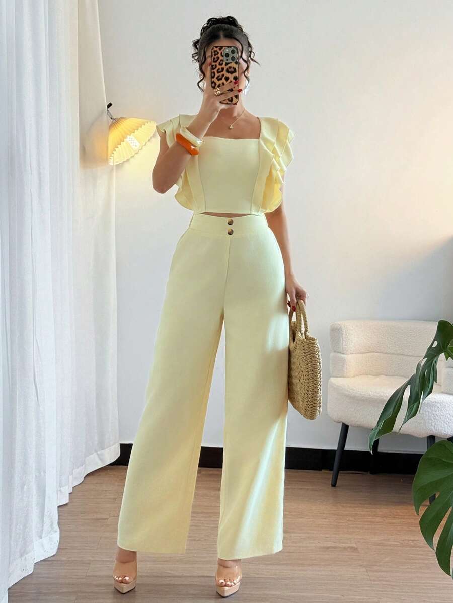Rafferiza Conjunto de 2 piezas para mujer con top de cuello cuadrado elegante amarillo de manga abullonada y pantalones de pierna ancha, para verano - Amarillo - Ver 1