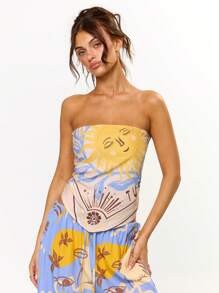 MUSERA Solar Printed Longline Strapless Bandeau Top Summer Vacation Holiday Festival Cute Casual Elegant Tuscan Sun