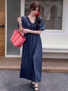 DAZY Damen Sommer Casual Elegant Koreanischer Stil Puffärmel Denim Mini Kleid - Blau - Übersicht 5