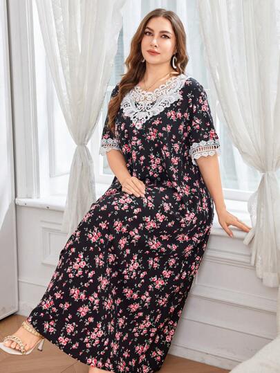 SHEIN Najma V 领短袖刺绣碎花蕾丝休闲宽松浪漫优雅束腰连衣裙，百搭舒适，适合大码女性，适合度假/度假